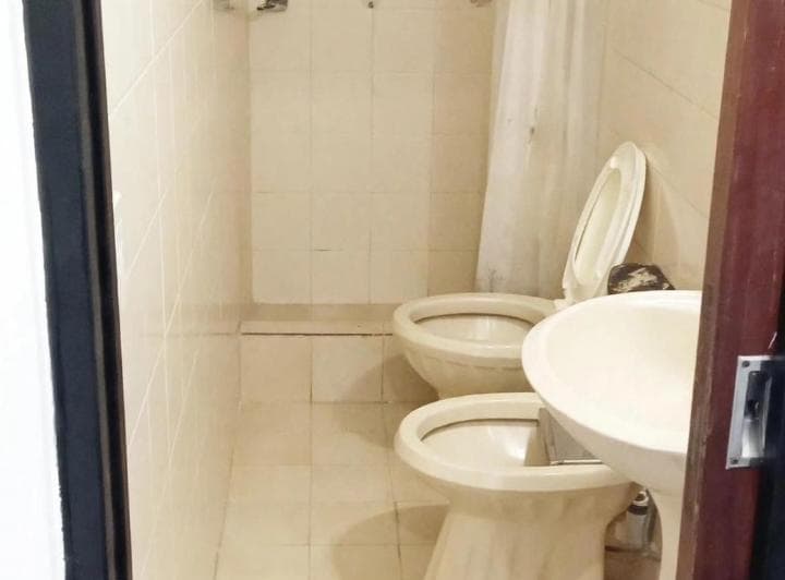 Baño con inodoro, bidet, lavatorio y ducha con cortina.