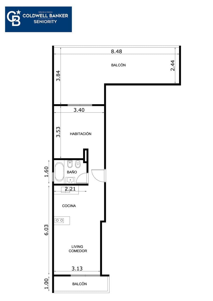 Plano de la unidad con distribución de living, cocina, dormitorio y balcón.