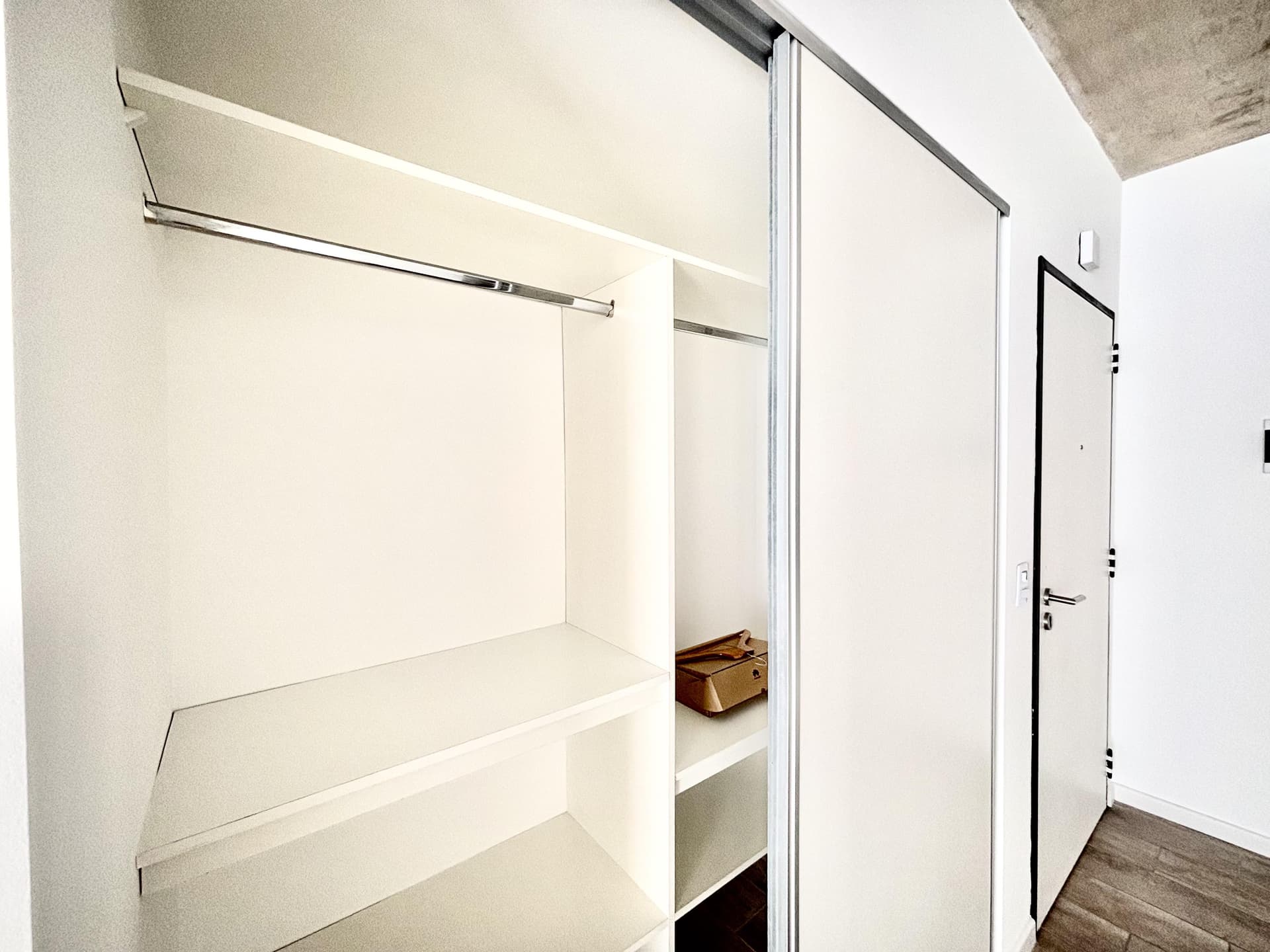 Interior de placard con estantes y barrales, junto a una puerta.