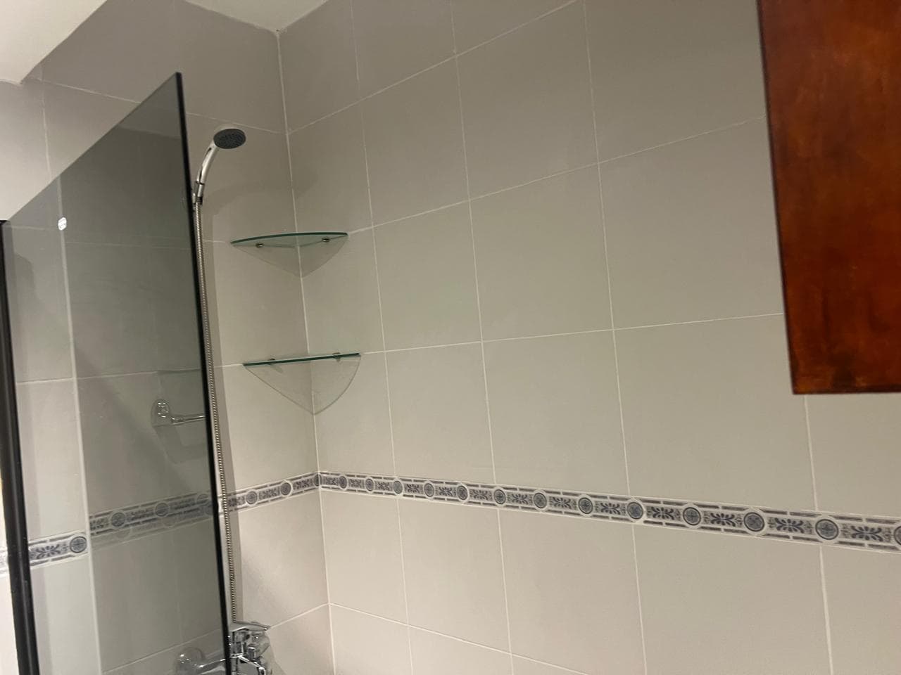 Ducha con mampara de vidrio y estantes de esquina.