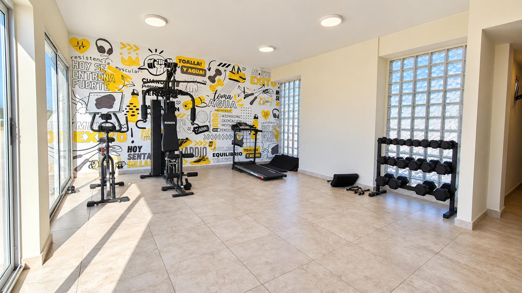 Gimnasio del edificio con máquinas de ejercicio, bicicletas y estante de pesas.