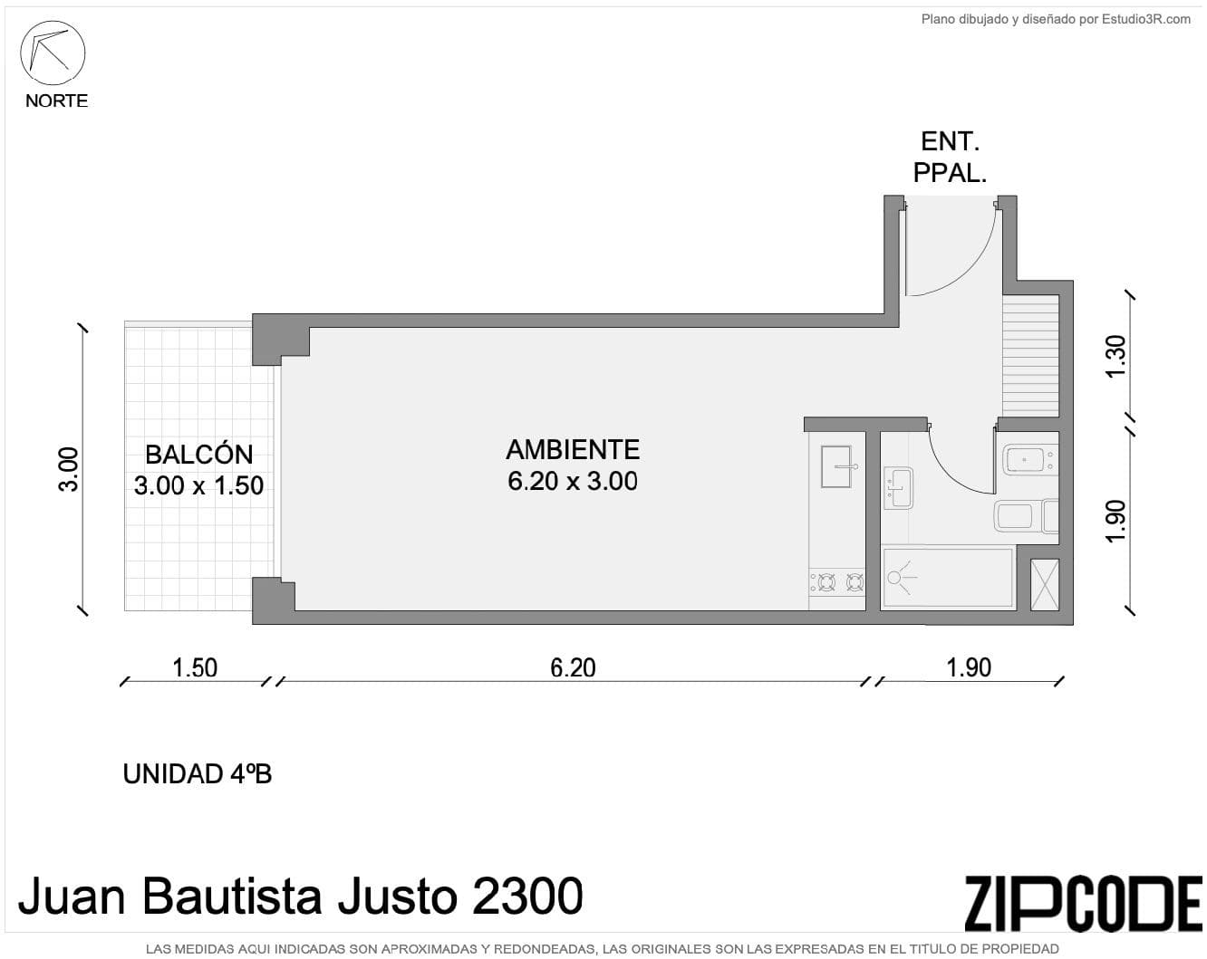 Plano de la unidad con distribución de ambiente principal, cocina y baño.