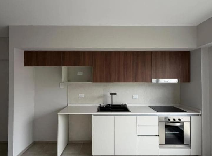 Cocina moderna con alacenas de madera, bacha negra y anafe.