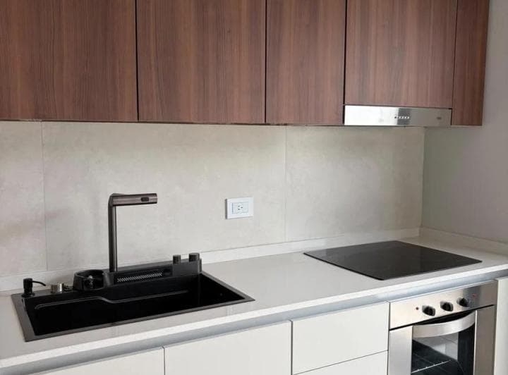 Detalle de mesada de cocina con bacha negra y horno eléctrico empotrado.