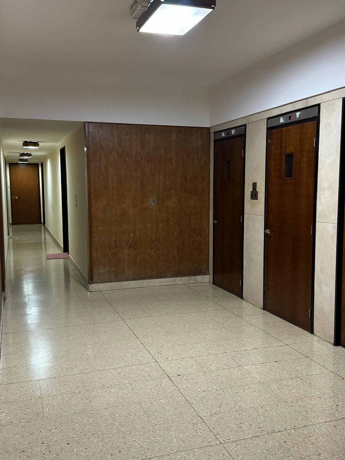 Pasillo de edificio con puertas de ascensores y departamentos.