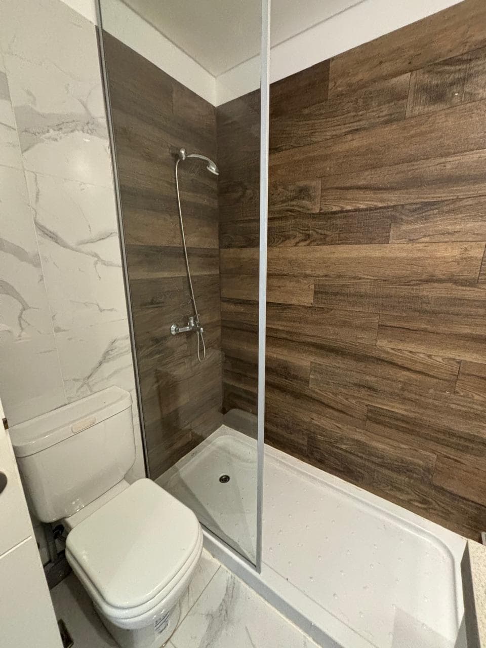 Ducha con mampara de vidrio e inodoro en baño moderno.