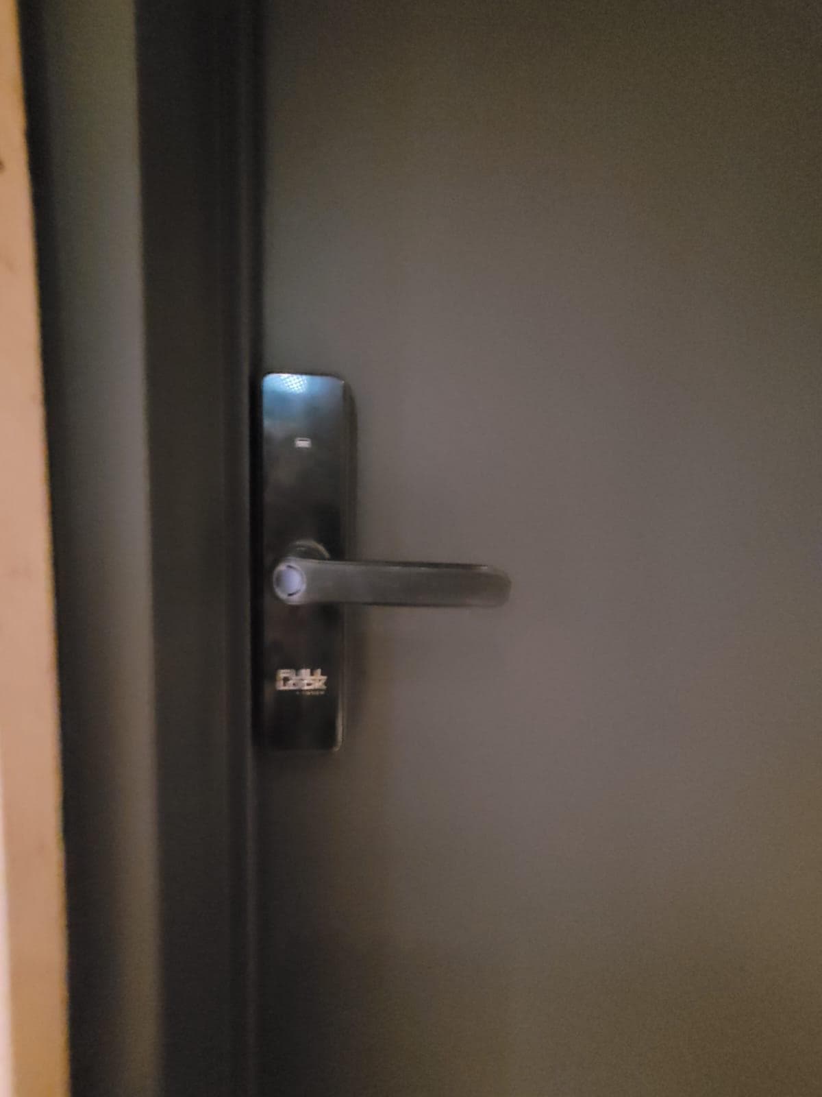 Detalle de cerradura digital en puerta de entrada a la unidad.