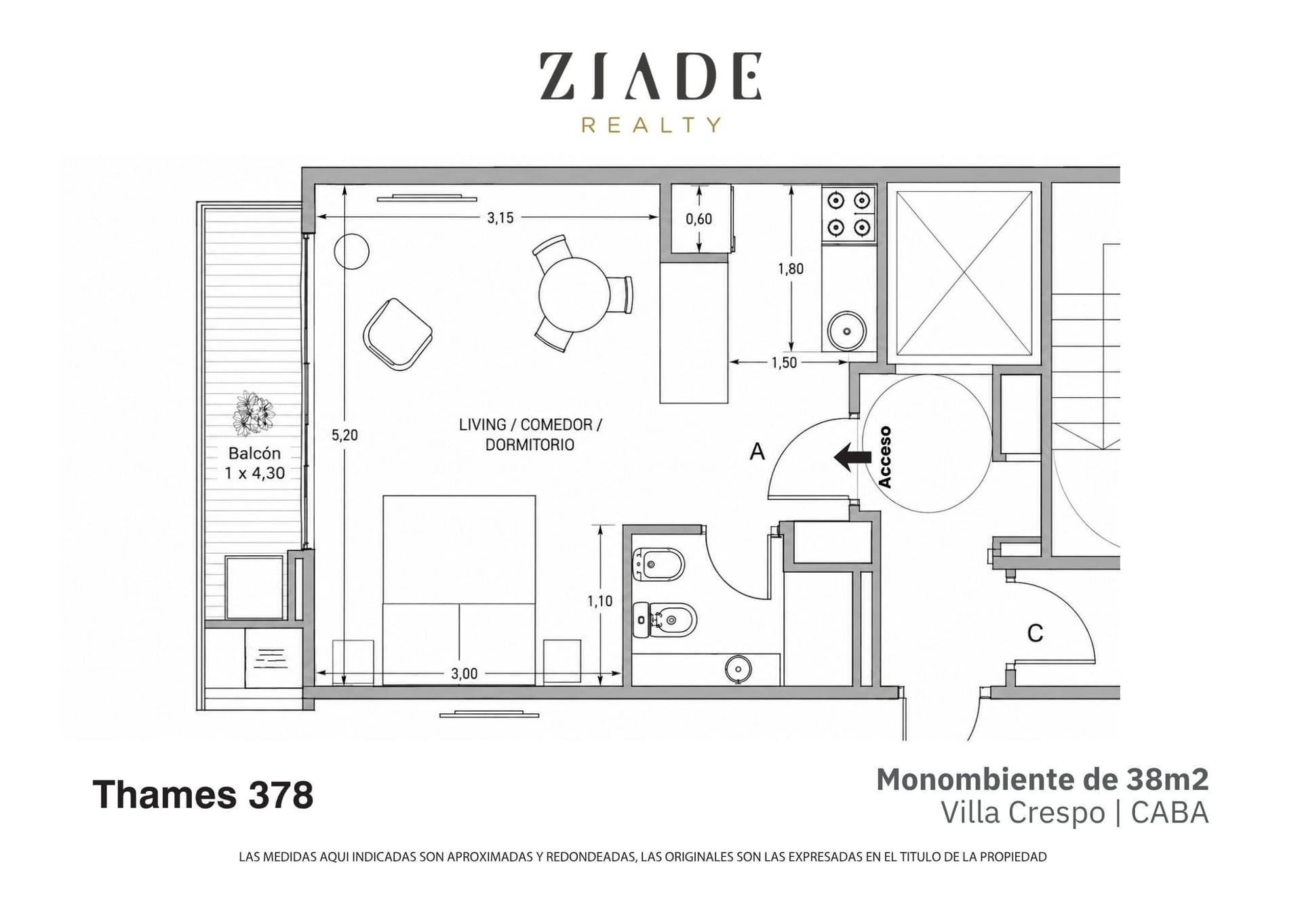 Plano de planta del monoambiente con medidas y distribución de los espacios.
