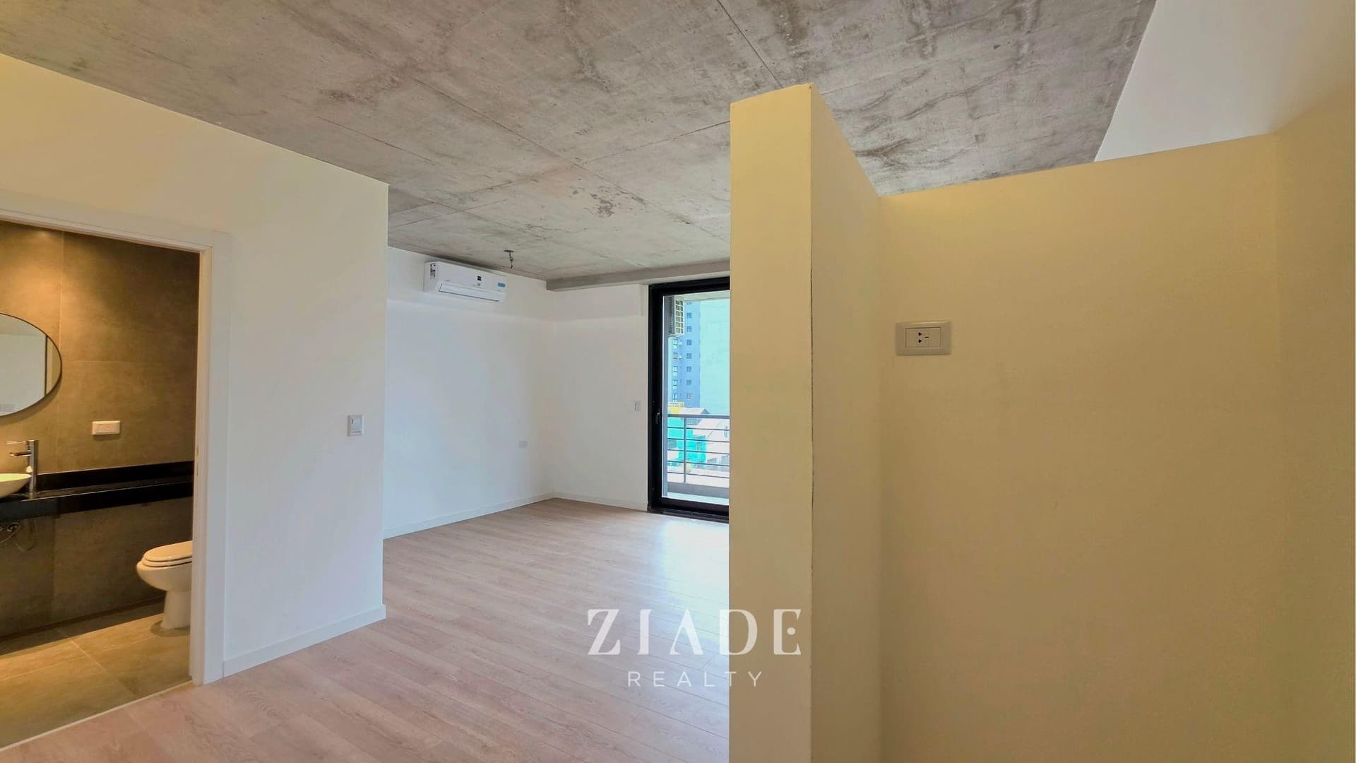 Pasillo de entrada con acceso a living y baño, con puerta de balcón al fondo.