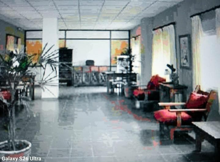 Salón amplio con sillones rojos, mesas y columnas, decoración con plantas.