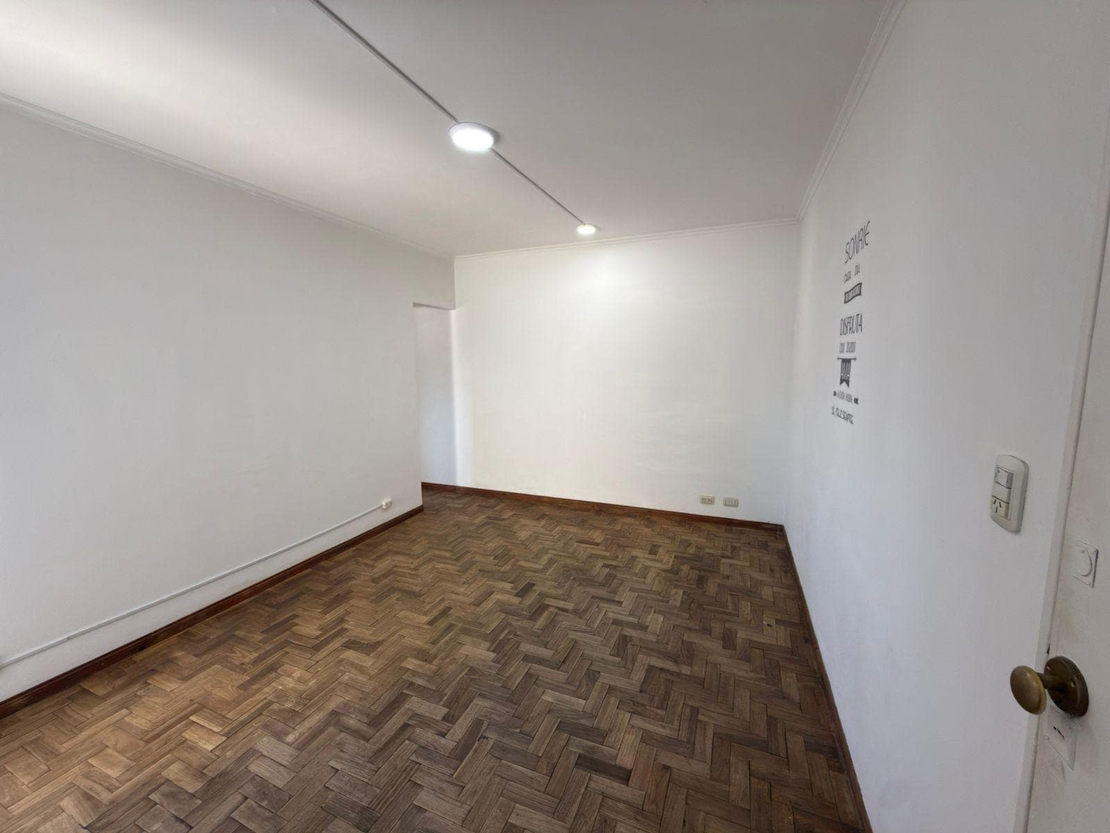 Living vacío con piso de parquet, paredes blancas y luminarias modernas.