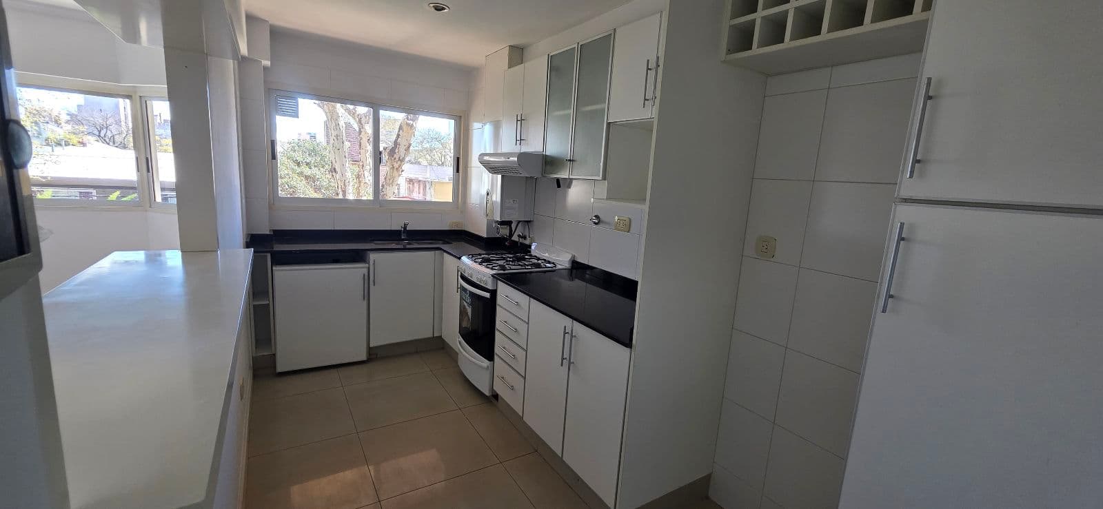 Cocina con muebles blancos, mesada negra, anafe, horno y heladera.