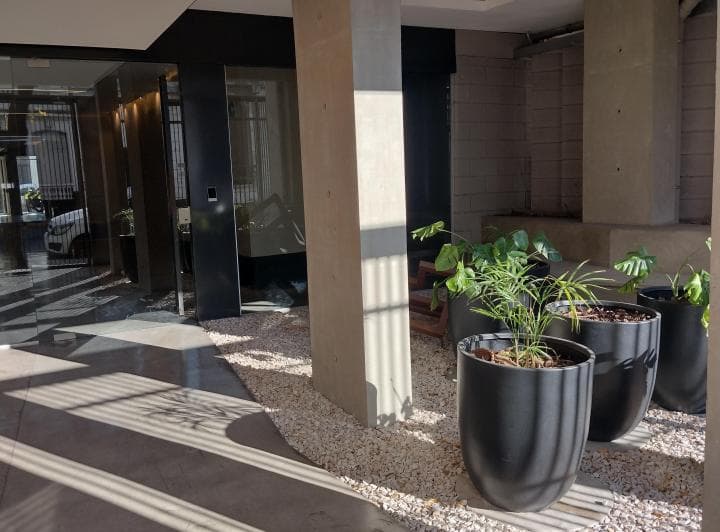 Entrada principal del edificio con plantas en macetas y ventanales de cristal.