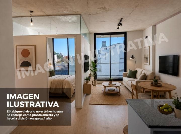 Living-comedor y dormitorio integrados, decorado moderno. Imagen ilustrativa.
