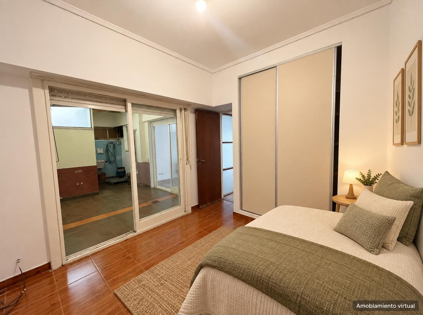 Dormitorio amoblado virtualmente con cama individual, placard y mesa de luz.