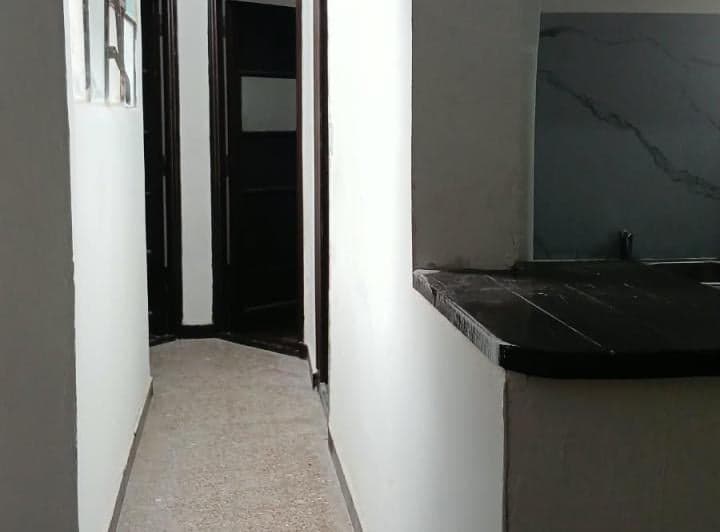 Pasillo con puertas de madera, al lado de una barra de cocina.