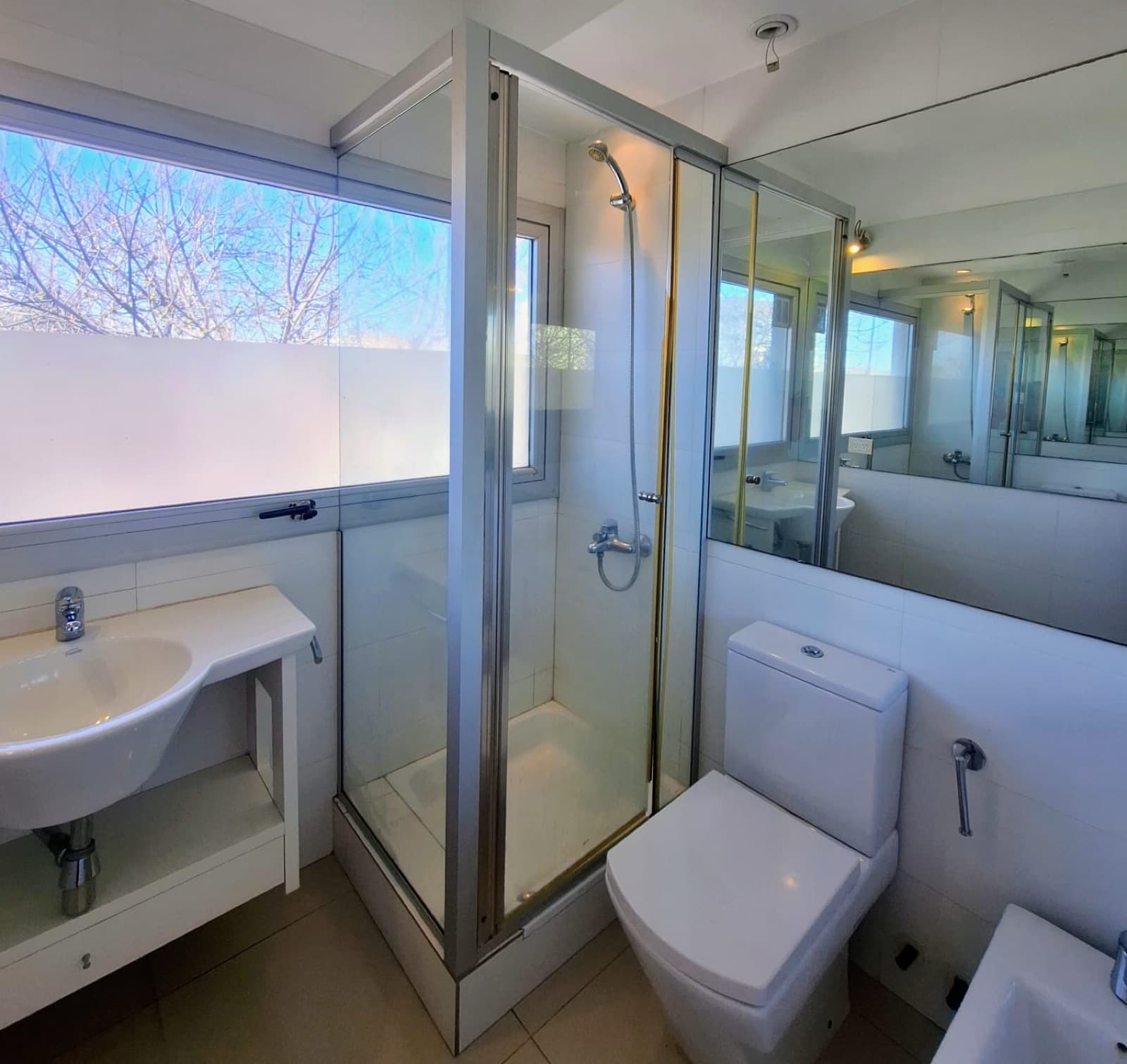 Baño con ducha, inodoro, bacha y espejo con iluminación.