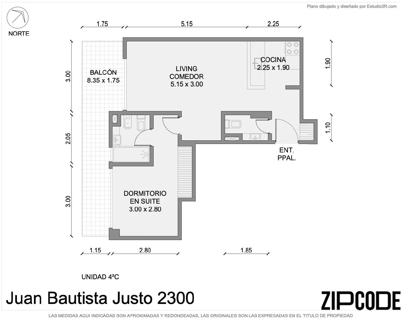 Plano de departamento con balcón, living comedor, cocina y dormitorio en suite.