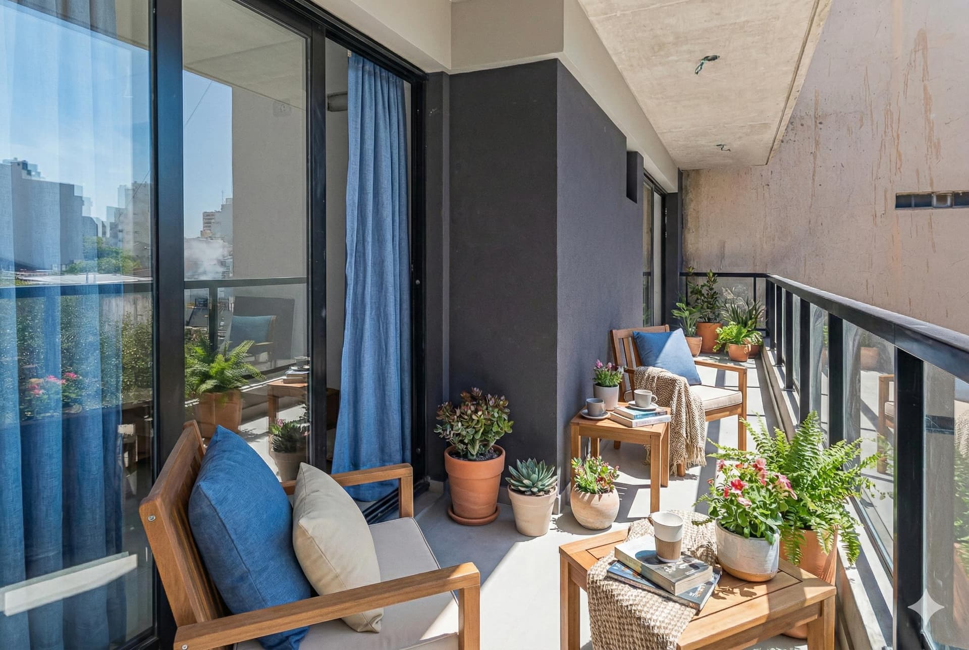 Balcón decorado con mobiliario de madera, plantas y cojines azules.