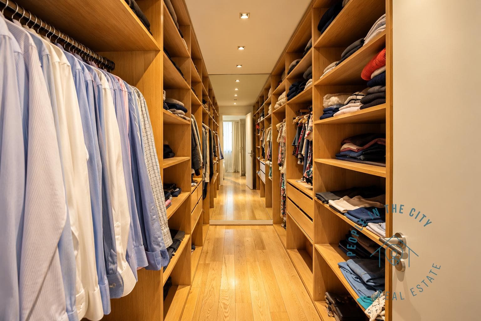 Vestidor amplio con estantes de madera para organizar la ropa.
