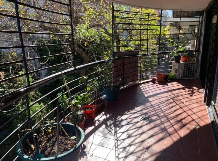 Balcón con macetas, rejas de seguridad y vista a la vegetación.