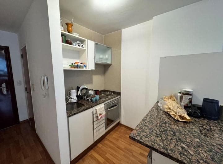 Cocina integrada con mesada, bacha, anafe y alacenas, vista desde un lateral.