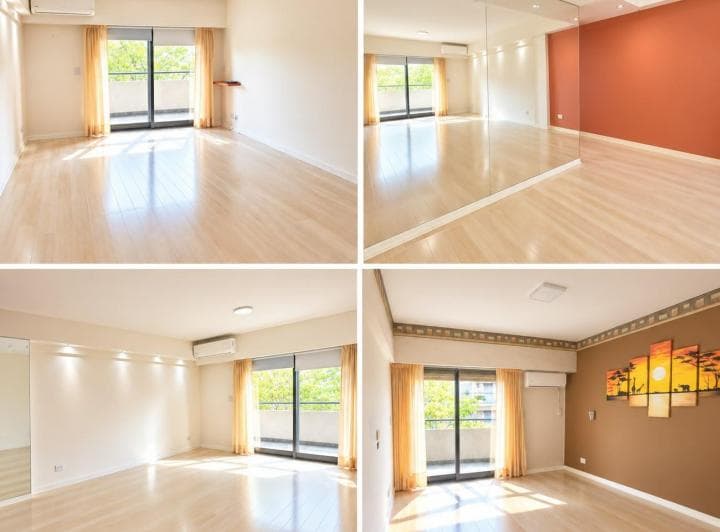 Cuatro vistas de un living vacío con piso de madera, salida a balcón y aire acondicionado.