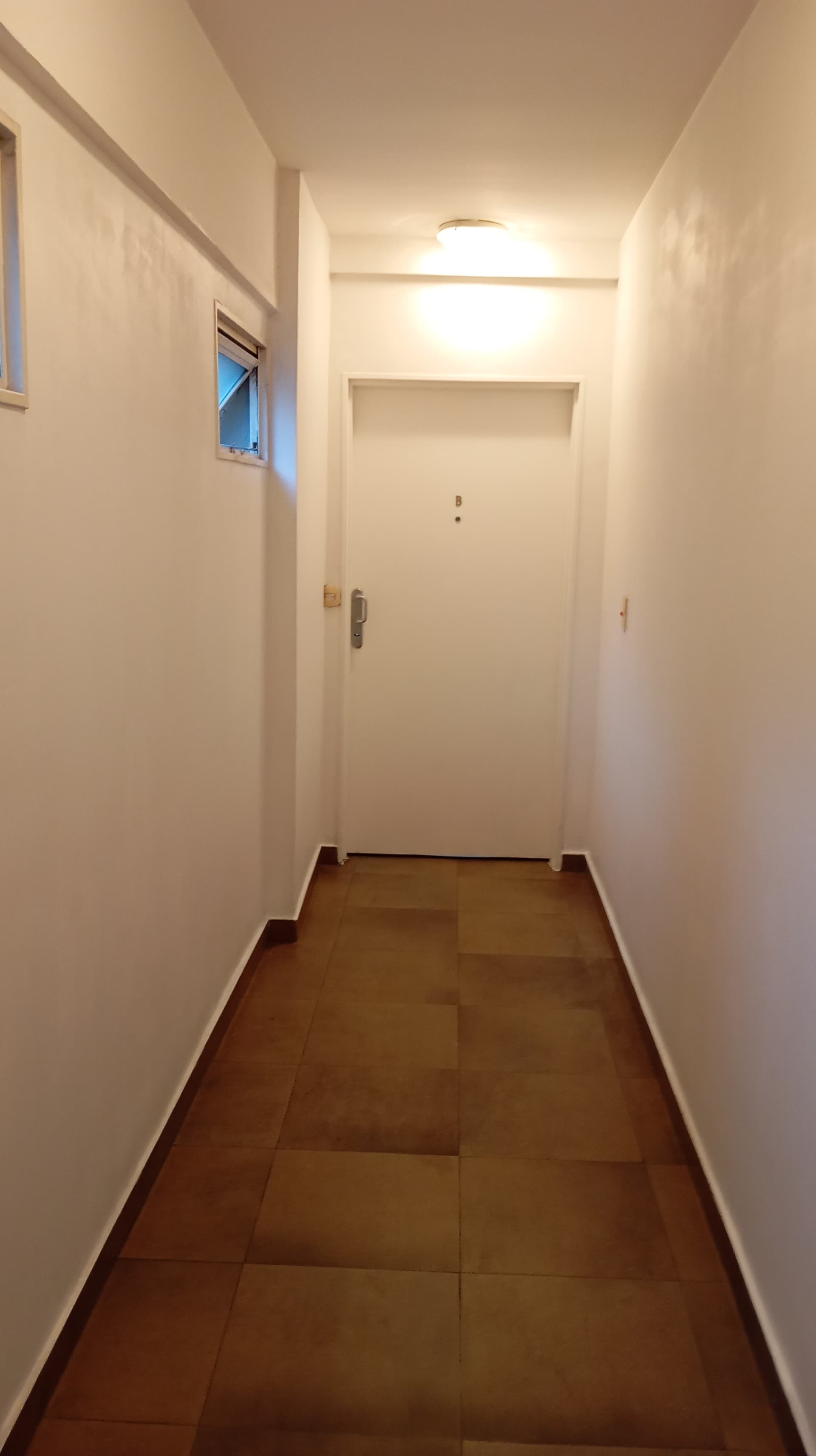 Pasillo de entrada con puerta blanca al fondo y piso de cerámico marrón.