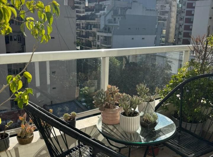 Balcón terraza con mesa, sillas, plantas suculentas y vista a los edificios.