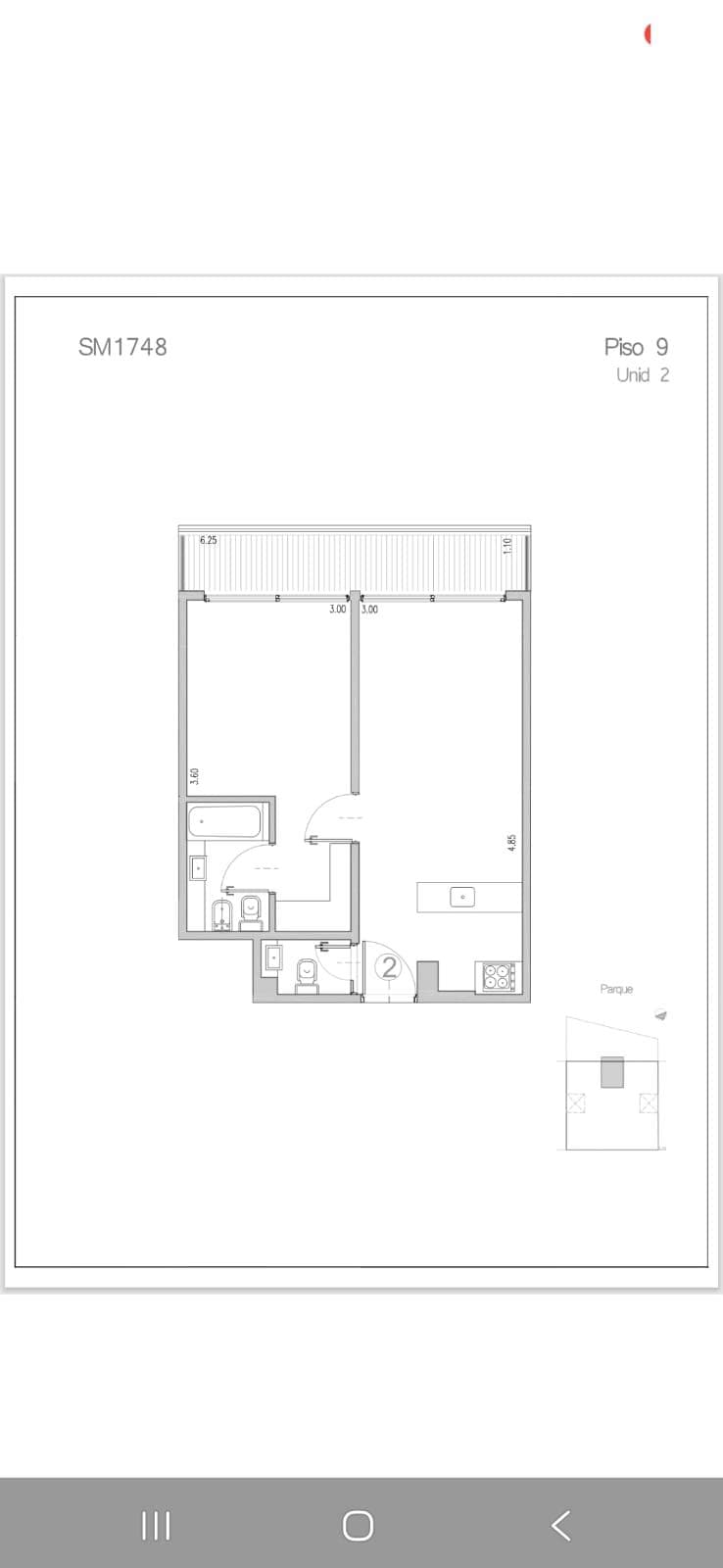 Plano del departamento con distribución de ambientes, un dormitorio y baño.