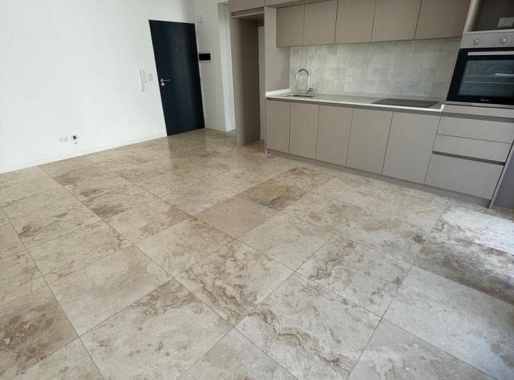 Living con cocina integrada, muebles bajo mesada, alacenas y puerta de entrada.